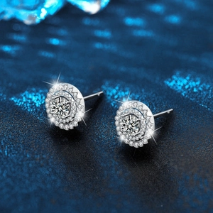 Moissanite 925 sterling silver stud earrings with double halo round cut diamonds
