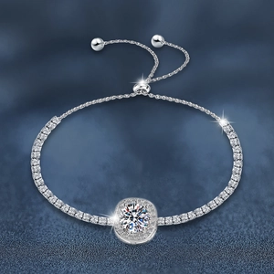 925 silver adjustable bracelet with square-set moissanite stone on blue background