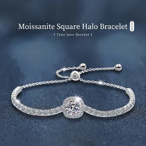 Elegant S925 sterling silver moissanite bracelet with square halo and adjustable clasp