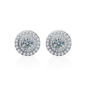 Classic S925 silver halo moissanite stud earrings with double diamond cluster design