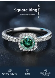 Macro detail of S925 silver ring featuring a green cushion-cut moissanite stone