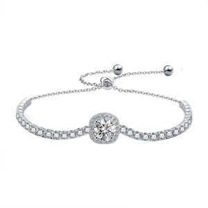 Adjustable 925 sterling silver bolo bracelet featuring square halo moissanite charm
