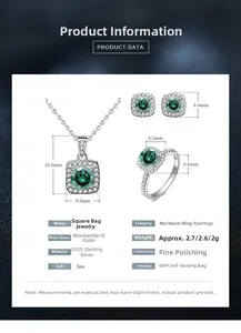 Detailed specs of D color Moissanite jewelry set including silver necklace and earrings