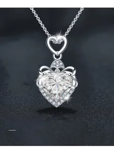 Detail of 925 sterling silver heart necklace featuring a 58-facet 3EX moissanite pendant
