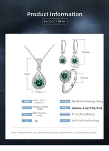Size specifications for teardrop moissanite necklace, earrings, and ring set in S925 silver