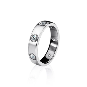 Polished silver moissanite ring with circular settings and clear gemstones on white background