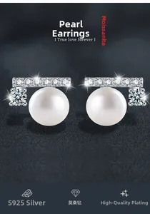 Detailed close-up of S925 silver pearl earrings featuring a moissanite accent