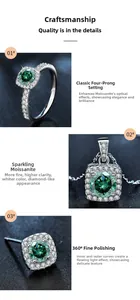 Detailed view of green moissanite jewelry set with 360 polishing and halo setting