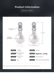 Detailed view of S925 silver pearl earrings with Moissanite stone and 8-9mm pearls