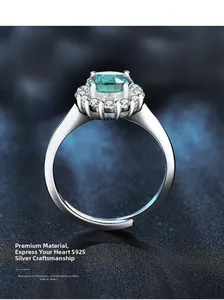 Macro side view of adjustable S925 sterling silver ring with emerald cut green gemstone