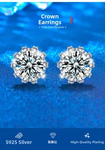 Vue détaillée de boucles d'oreilles couronne en argent S925 et moissanite à six griffes