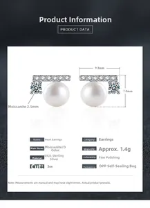 Detailed view of S925 sterling silver pearl earrings with Moissanite and size dimensions