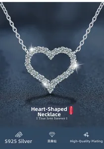 Macro detail of S925 silver heart necklace featuring pavé-set moissanite stones