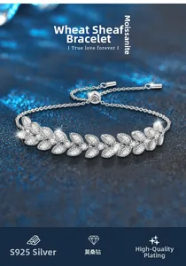 Macro detail of S925 sterling silver wheat ear bracelet set with moissanite stones