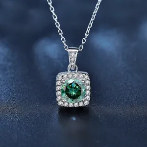 Luxurious 925 Sterling Silver Green Moissanite Halo Jewelry Set Square Pendant Necklace Stud Earrings Open Ring With GRA Certificate For Women Wedding Jewelry Gift
