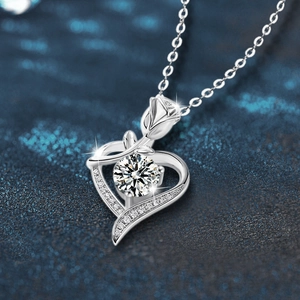 925 Sterling silver heart rose pendant necklace with moissanite diamond for women