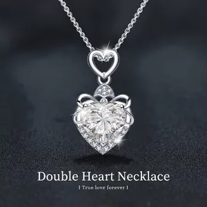 925 Sterling Silver Moissanite Heart Pendant Necklace For Women Luxury Bowknot Rhinestone Double Heart Clavicle Chain Jewelry Gift With GRA Certificate