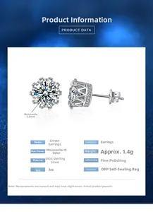 Détail macro de boucles d'oreilles couronne en argent S925 avec moissanite D de 5,0 mm