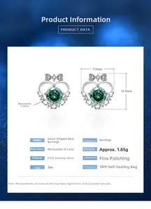 Detailed specifications of S925 silver bow stud earrings with green moissanite stones