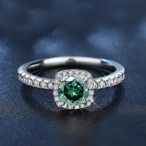 Luxury 925 silver halo ring featuring a brilliant round green moissanite stone