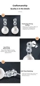 Detailed views of moissanite pearl earrings showing prong setting and 360 polishing