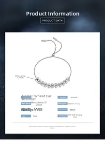 Detail specifications of 925 silver wheat ear moissanite bracelet with adjustable slide