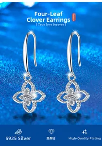 Detail view of S925 silver four-leaf clover earrings with sparkling moissanite stones