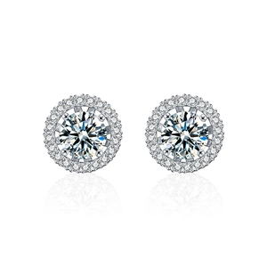 Boucles d'oreilles puces rondes en moissanite argent 925 avec sertissage halo de diamants