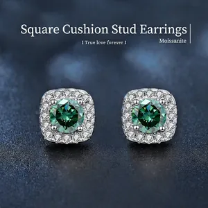Elegant halo stud earrings featuring green moissanite in 925 sterling silver settings