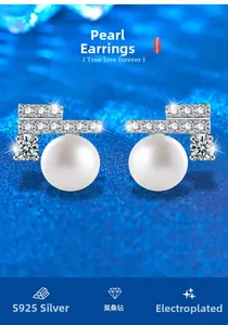 Detail of 925 sterling silver pearl earrings with moissanite accents and blue background