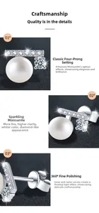 Macro detail of 925 silver stud earring with freshwater pearl and moissanite stone