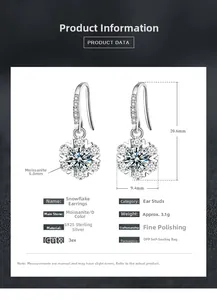 Detail view of 925 silver snowflake earrings with size specs and Moissanite dimensions