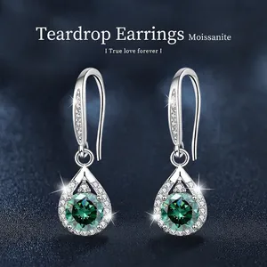 Elegant 925 sterling silver drop earrings with green moissanite stones and diamond halo