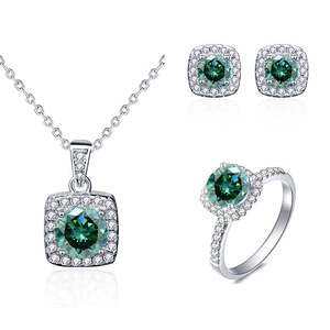 Luxury 925 silver jewelry set with emerald green stones and moissanite accents
