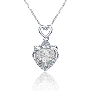 925 Sterling silver heart-shaped moissanite necklace with detailed pendant on white background