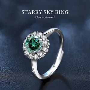 Elegant 925 sterling silver ring with green moissanite sunburst halo setting