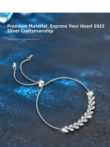 Detail of 925 sterling silver wheat leaf bracelet with shimmering pavé moissanite stones