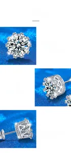 Détail macro de boucles d'oreilles couronne en moissanite avec serti griffes et poli 360°