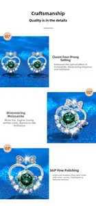 Detail of green moissanite heart bow earring with 925 silver four-prong setting