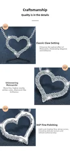 Macro detail of 925 sterling silver heart moissanite pendant with classic claw setting
