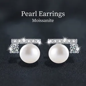 925 Sterling Silver Freshwater Pearl Moissanite Stud Earrings Elegant Geometric Round Bread Pearl Jewelry For Women Daily Wedding Gift