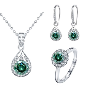 925 silver moissanite jewelry set with emerald green drop necklace, earrings and ring