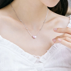 Elegant 925 sterling silver necklace featuring a pink and white zircon heart pendant