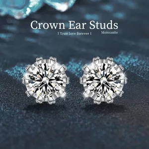 Boucles d'Oreilles Clous Couronne en Moissanite Argent Sterling 925 Couleur D Moissanite Étincelante Incrusté Bijoux Cadeau Femme