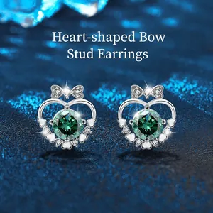 925 Sterling Silver Moissanite Heart Bowknot Stud Earrings For Women D Color Round Cut Minimalist Jewelry Korean Style Earrings