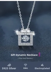 Macro shot of S925 silver necklace with sparkling moissanite diamond in gift box pendant