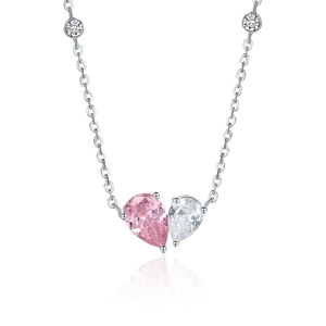 925 silver necklace with pink and white zircon heart pendant on white background