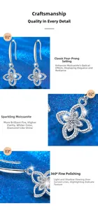 Macro shot of 925 silver four-leaf clover moissanite earrings with four-prong setting