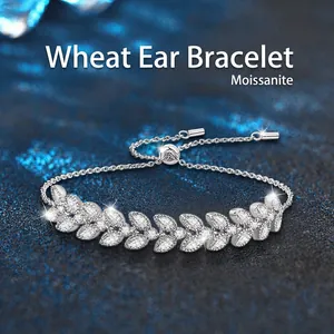 925 Sterling Silver Wheat Ear Moissanite Bracelet For Women Adjustable Bolo Leaf Bracelet D Color VVS1 Elegant Jewelry