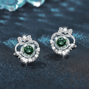 925 silver bow heart earrings with green moissanite stones and zircon accents